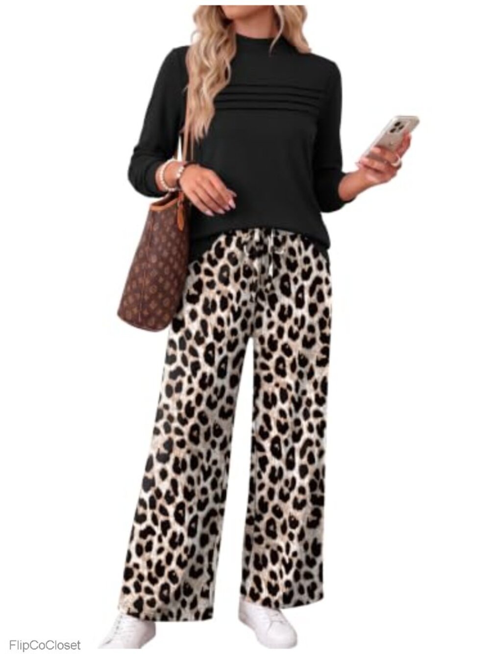 WIHOLL Women 2 Piece Mock Neck Long Sleeve Top Wide Leg Pant Set Travel Lounge